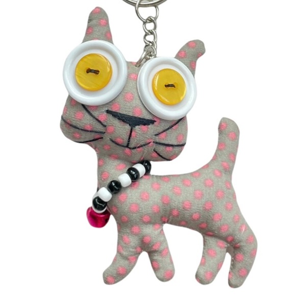 Handmade Gray & Pink Polka Dot Kitty Cat Keychain Purse Charm - Picture 1 of 6